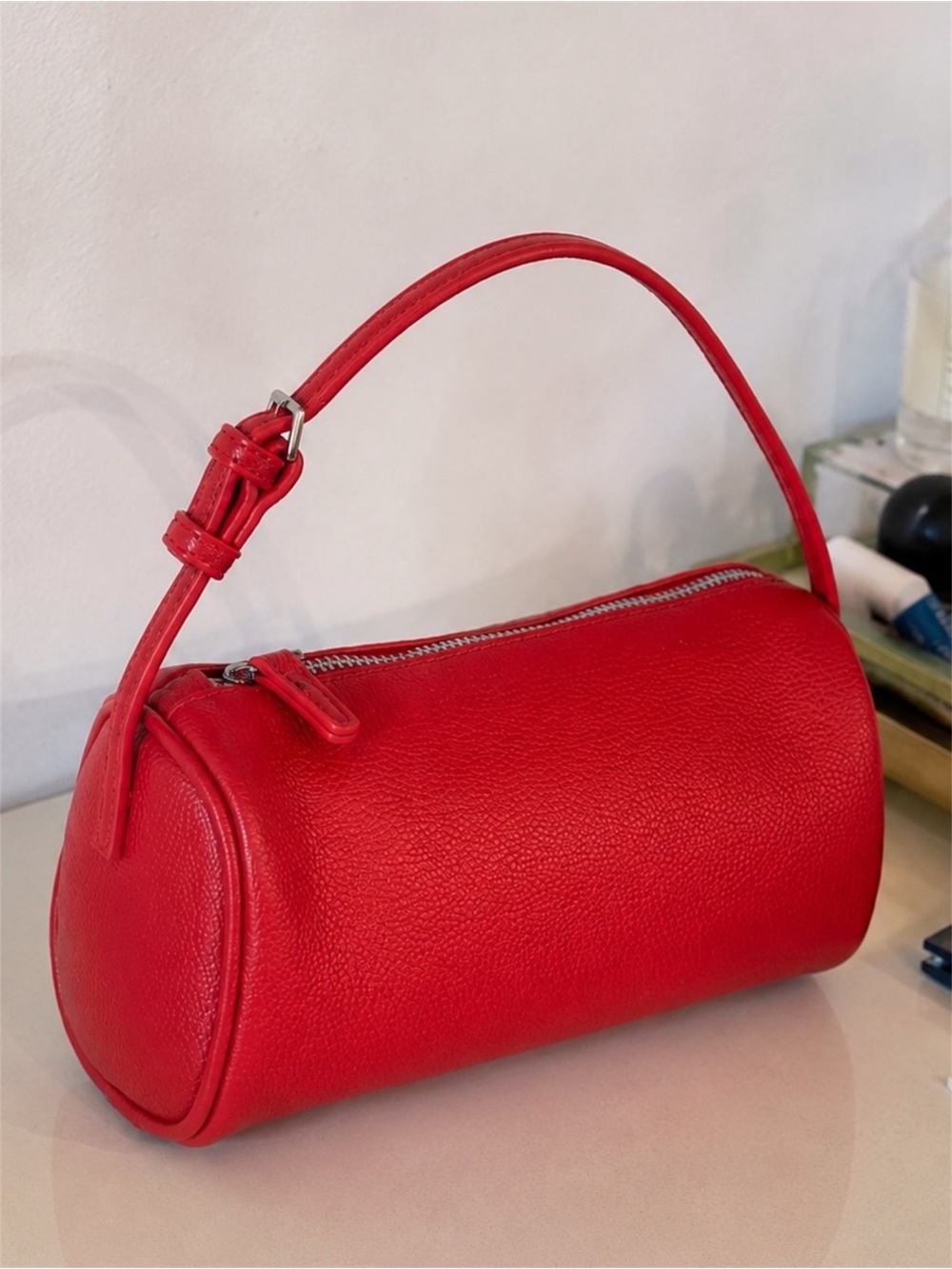 90s Style Leather Red Barrel Bag with crossbody strap / Vegan / NWT